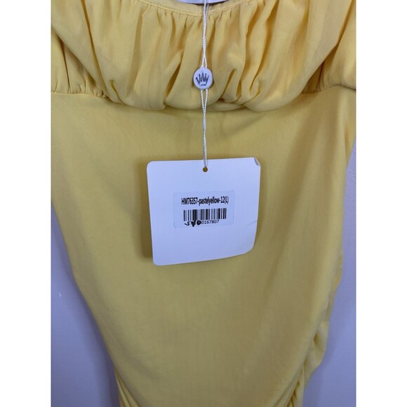 HELLO MOLLY Yellow Gathered Bust Mini Bodycon Dress Large Straps Stretch Spring - Picture 10 of 15